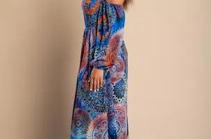 Elegant maxi dress with Montella print, blue.
