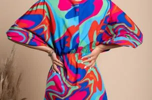 Elegant mini dress with Toretta print, multicolor.