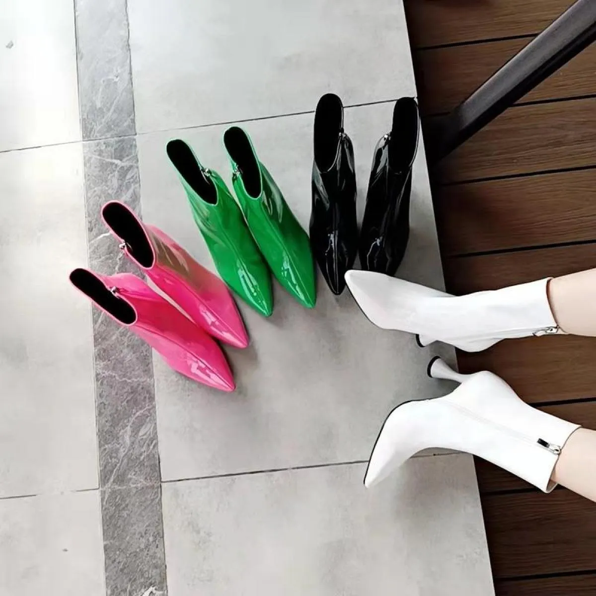 European women's ankle boots Pointed toe Fashion Pu candy-colored women's shoes Medium solid ankle boots Thin heels women's heel