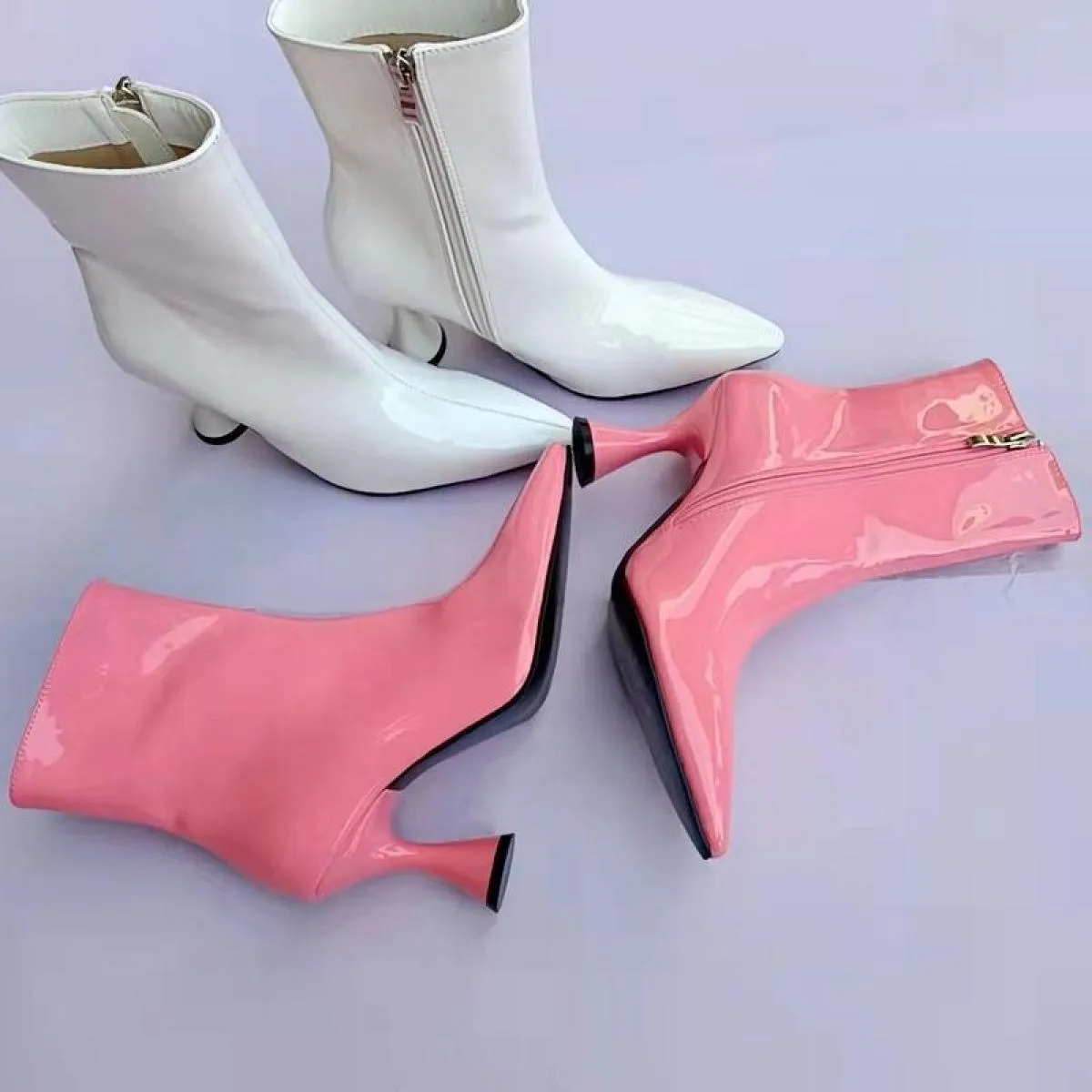 European women's ankle boots Pointed toe Fashion Pu candy-colored women's shoes Medium solid ankle boots Thin heels women's heel