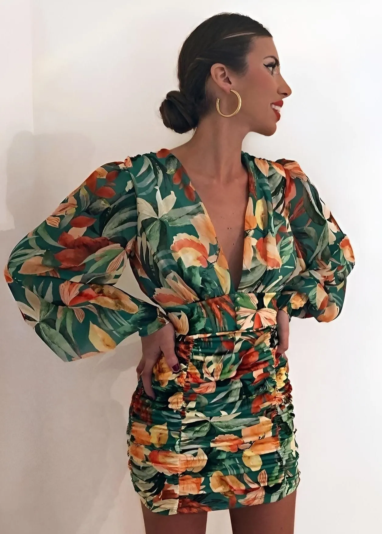 Floral Print V-Neck Puff Sleeve Sheath Dress for Women