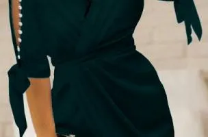 green mini dress with faux pearl detail and cross neckline with Candys
