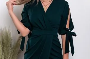 green mini dress with faux pearl detail and cross neckline with Candys
