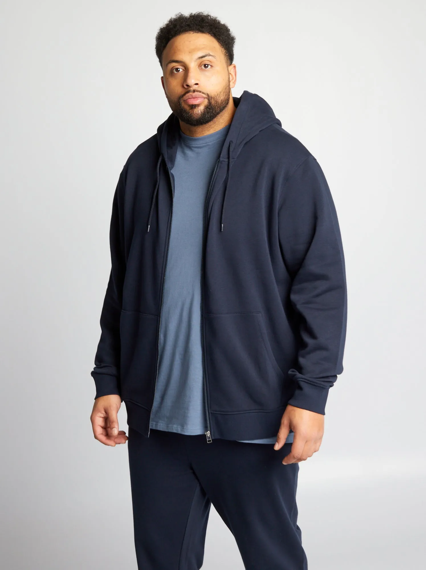 Hooded sweatshirt with zip in fleece fabric - blue
