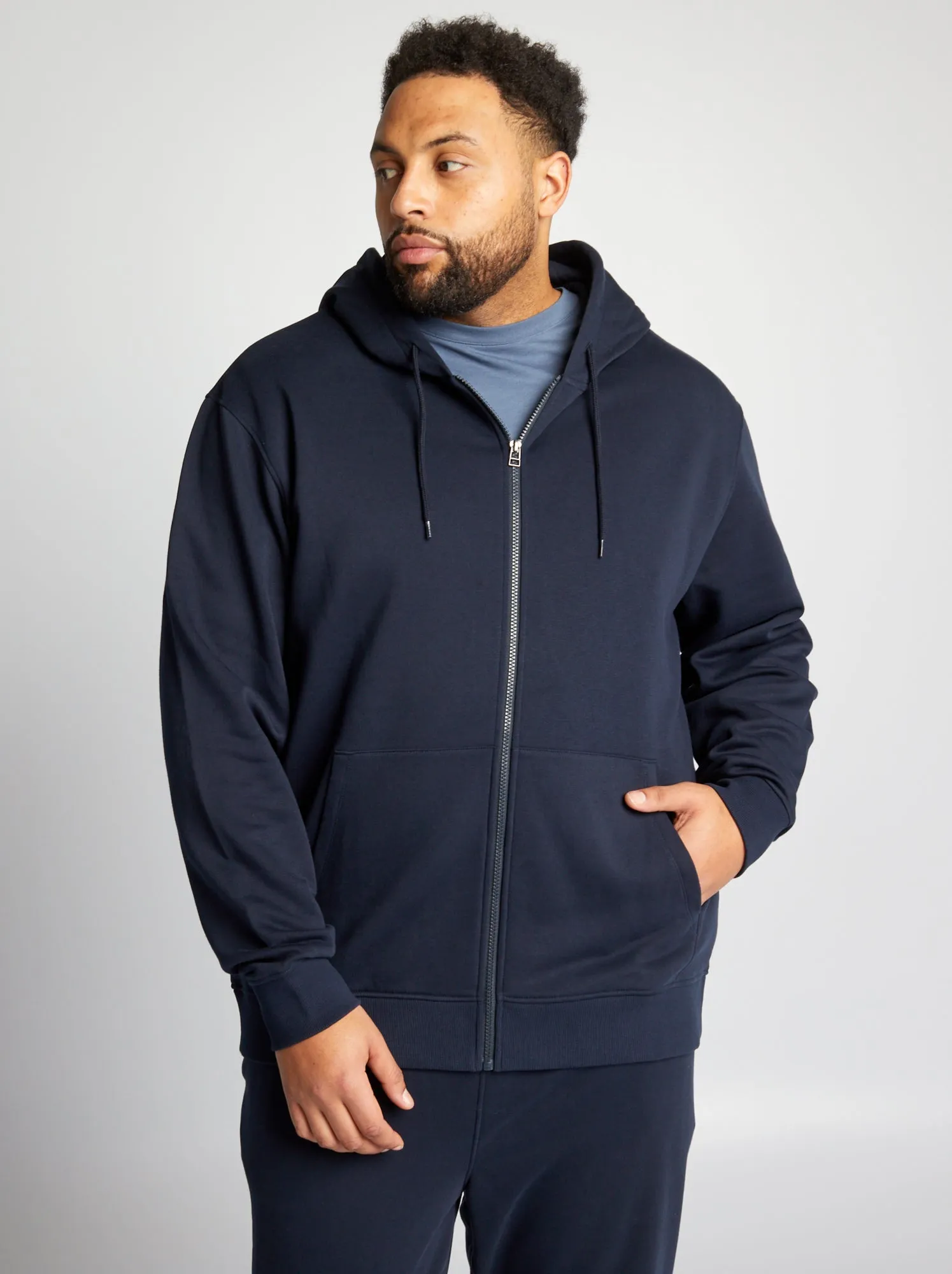 Hooded sweatshirt with zip in fleece fabric - blue