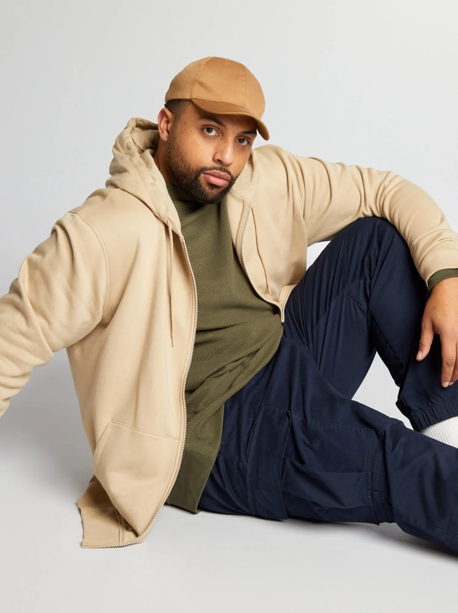 Hooded Zippered Sweater - BEIGE