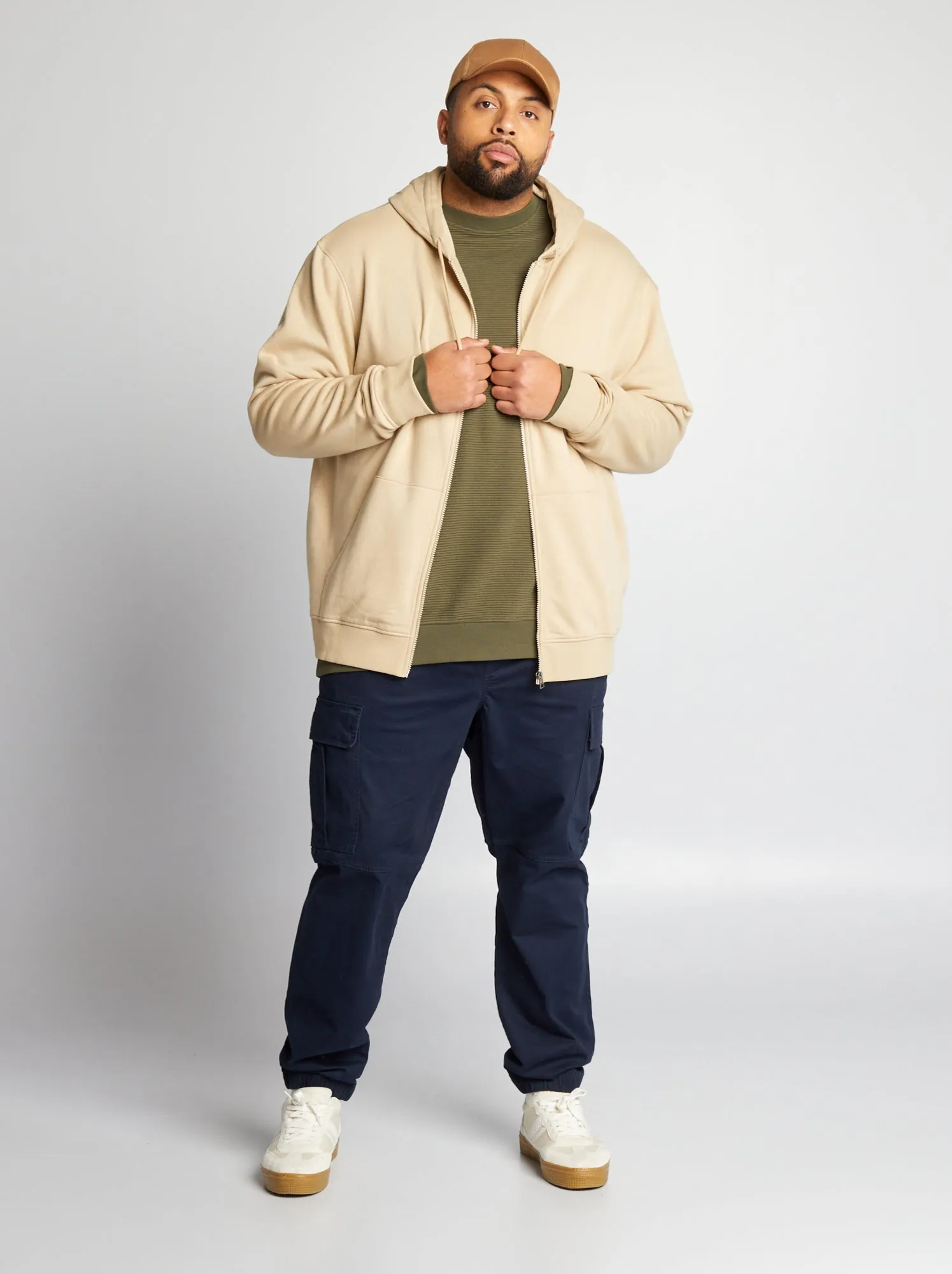 Hooded Zippered Sweater - BEIGE