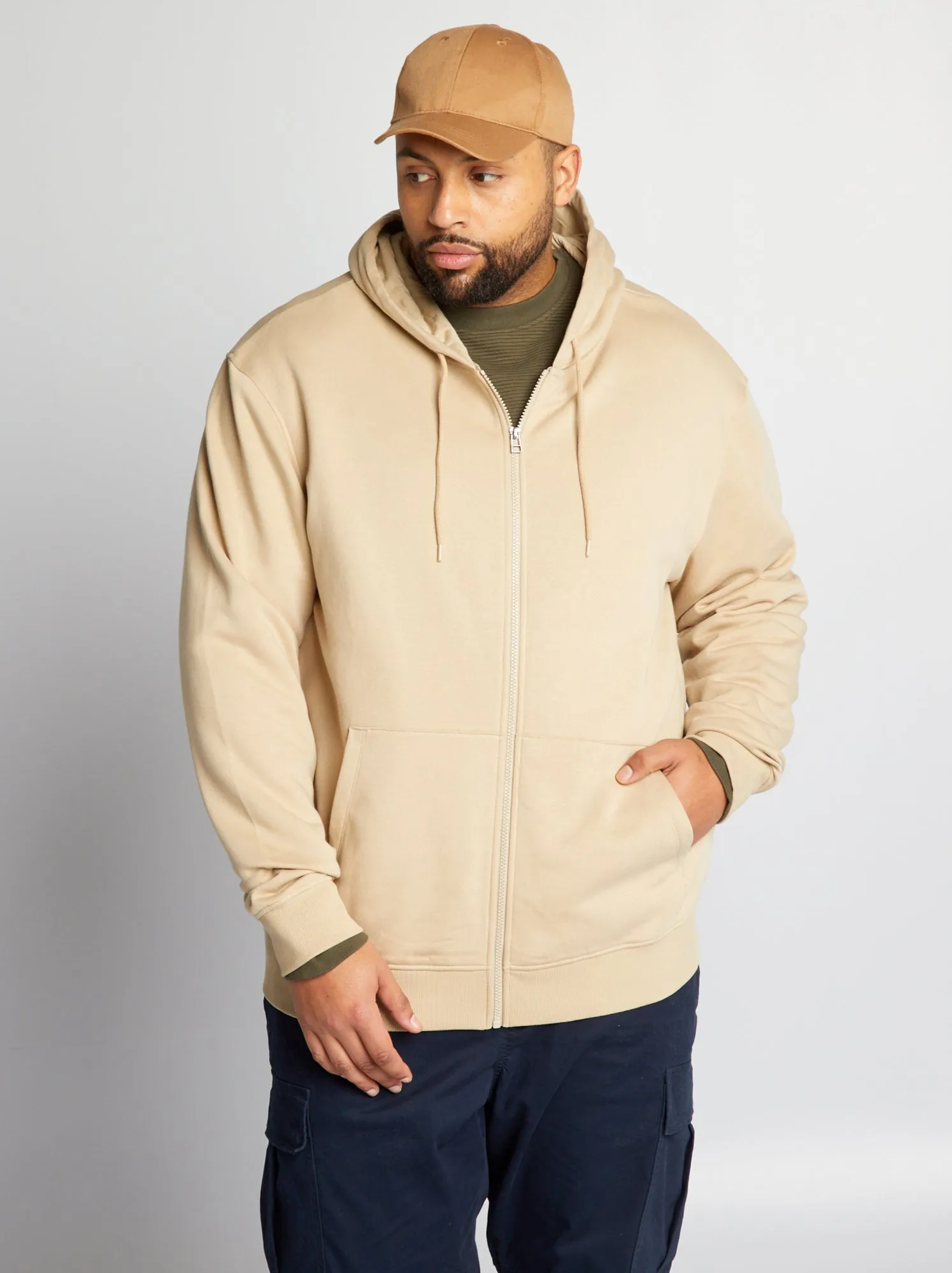Hooded Zippered Sweater - BEIGE