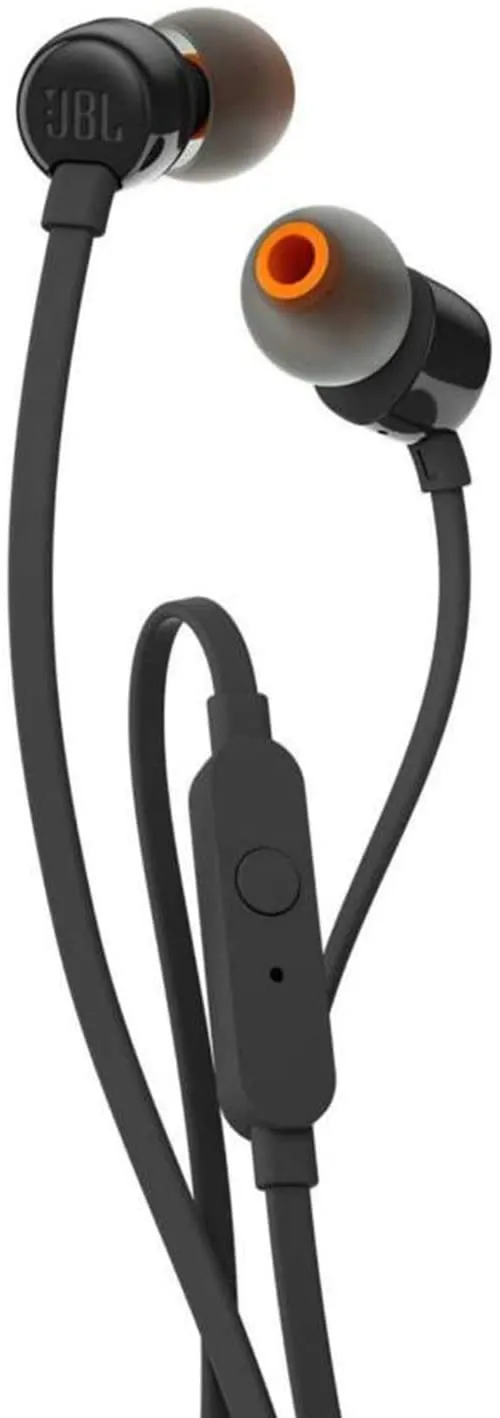 JBL T110 In-Ear Headphones with Microphone, Tangle-Free Flat Cable, One-Button Control, JBL Pure Bass Sound, Black.