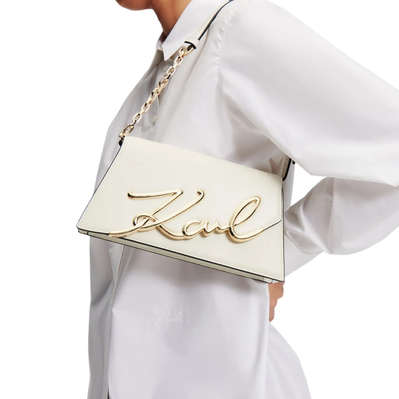 Karl Lagerfeld white signature shoulder bag.