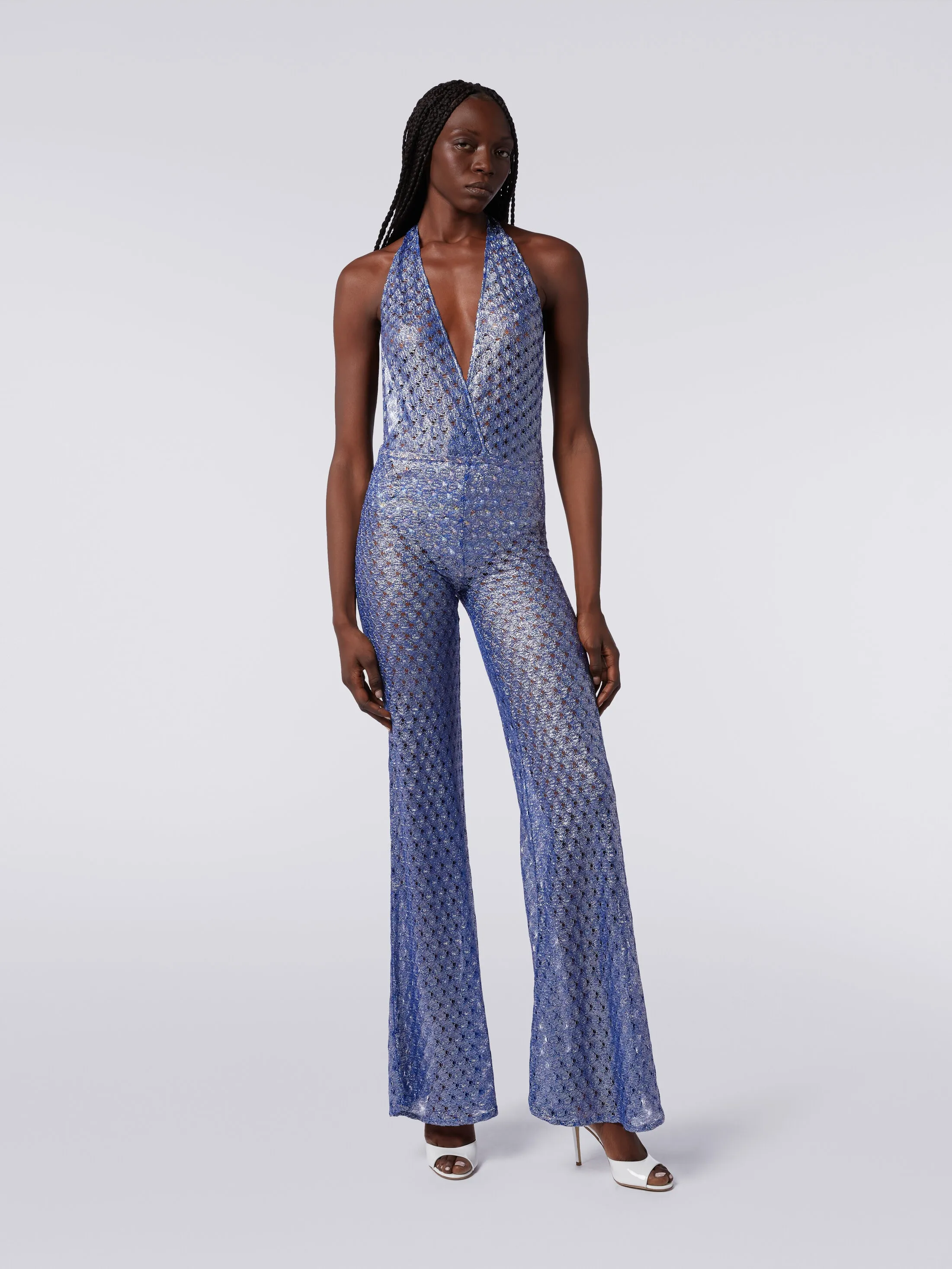 Lace Effect Wide-Leg Jumpsuit with V-Neck