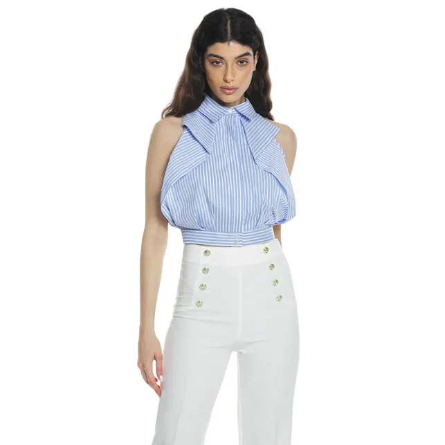 Lavender American Neckline Ruffled Sleeveless Short Women's Relish Blouse ADEONA with Stripes RDP2403056037