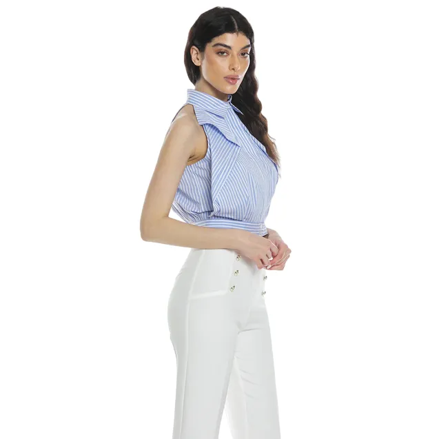 Lavender American Neckline Ruffled Sleeveless Short Women's Relish Blouse ADEONA with Stripes RDP2403056037