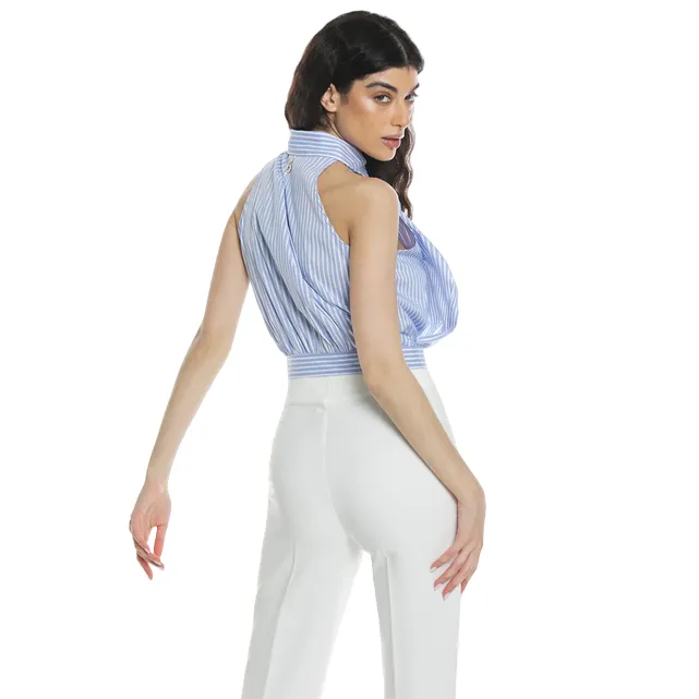 Lavender American Neckline Ruffled Sleeveless Short Women's Relish Blouse ADEONA with Stripes RDP2403056037