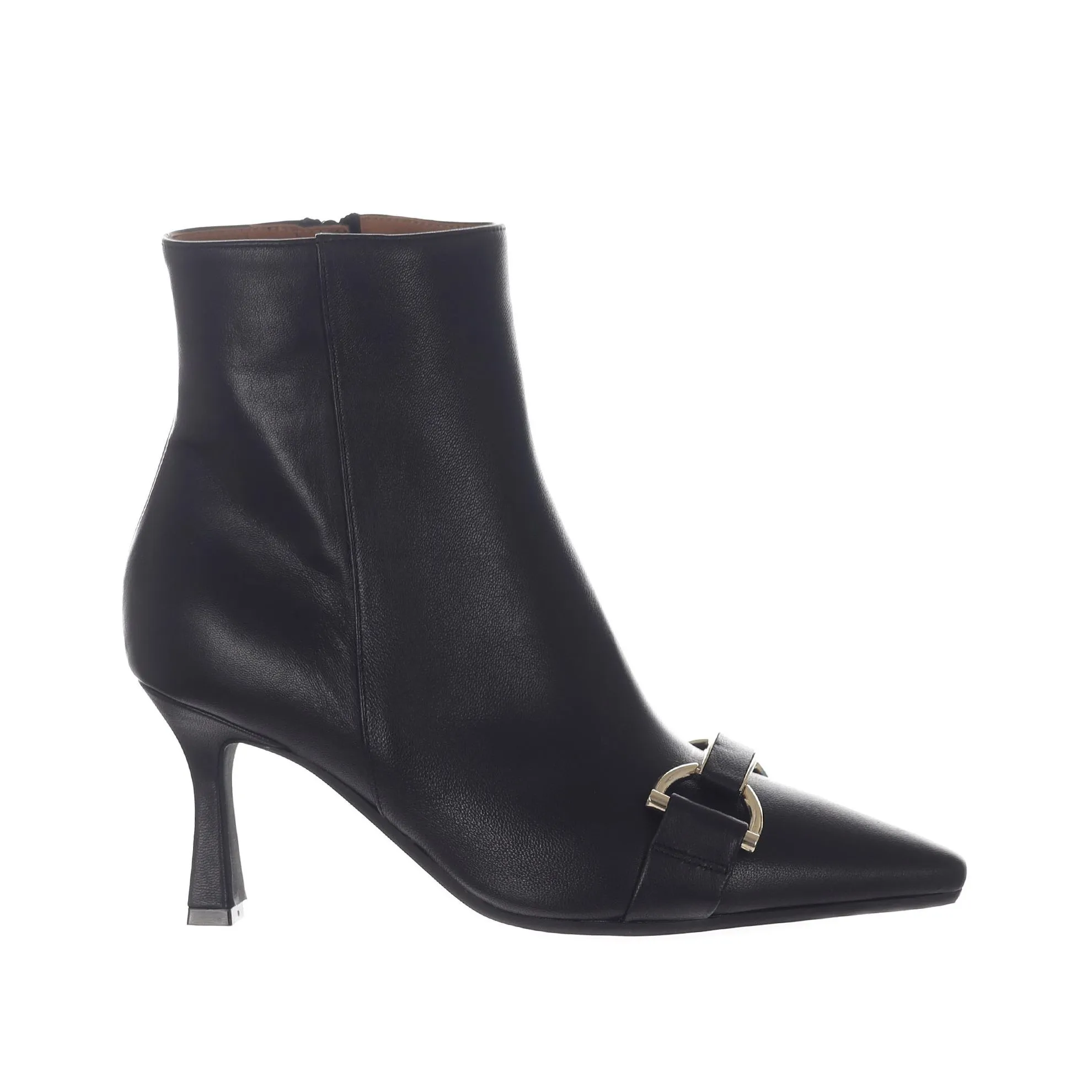 Leather boot with metallic detail.