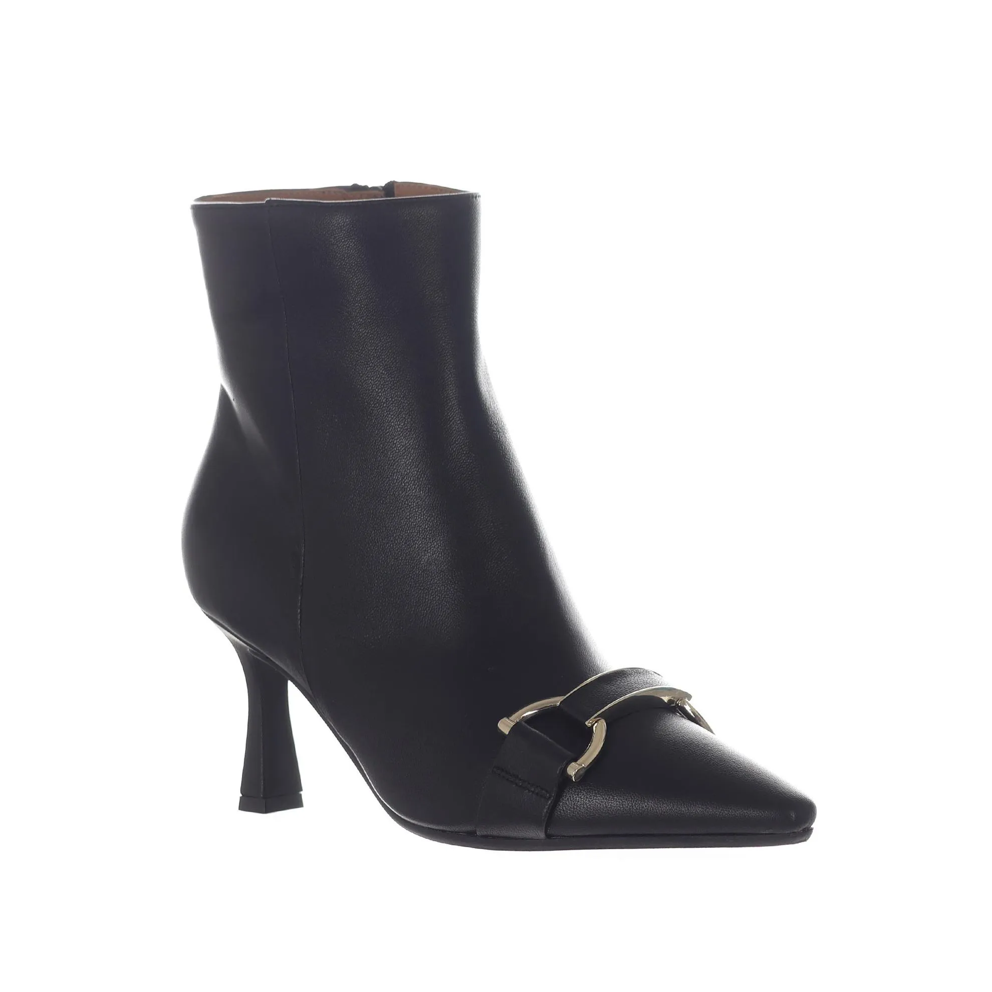 Leather boot with metallic detail.