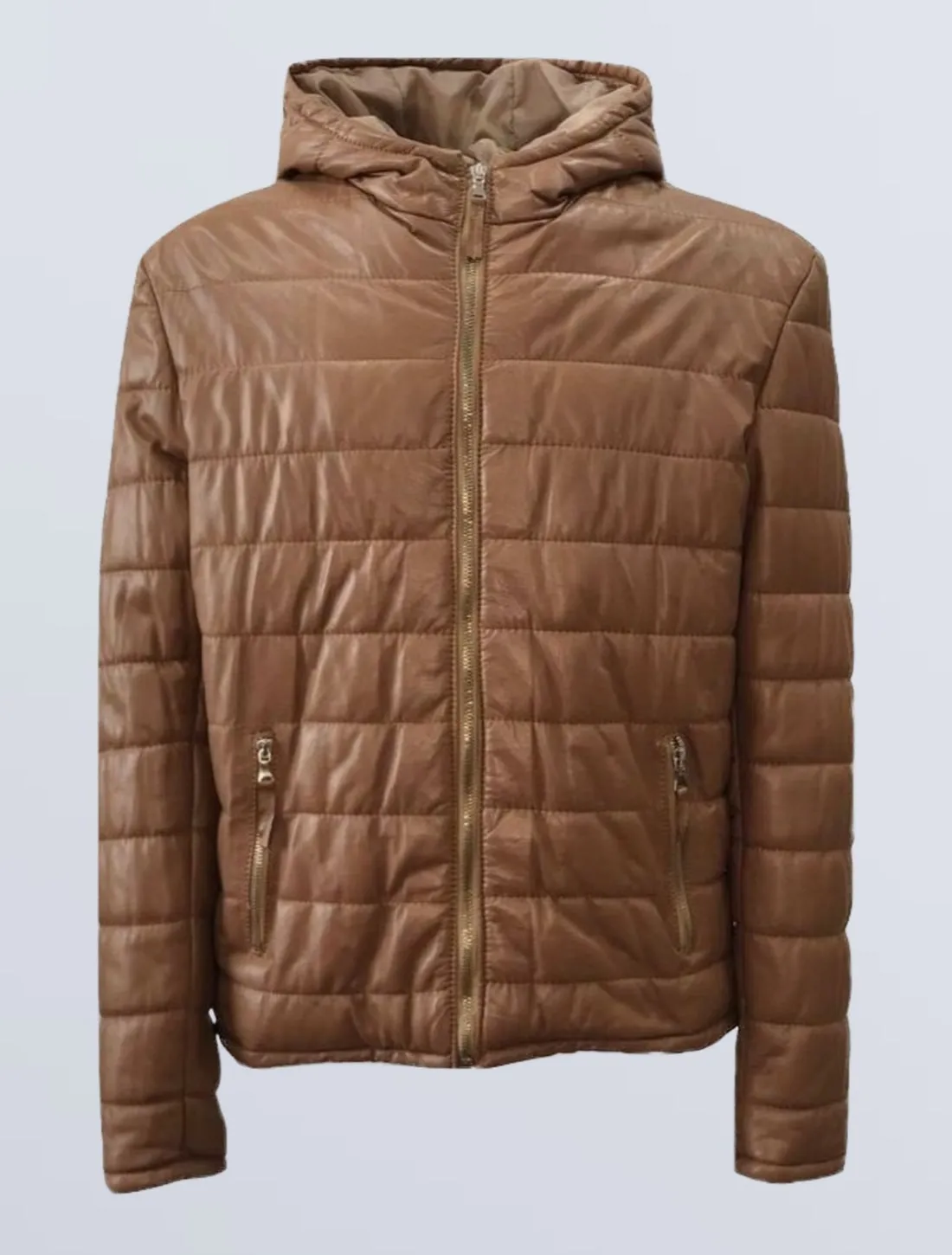 leather men's beige down jacket with hood