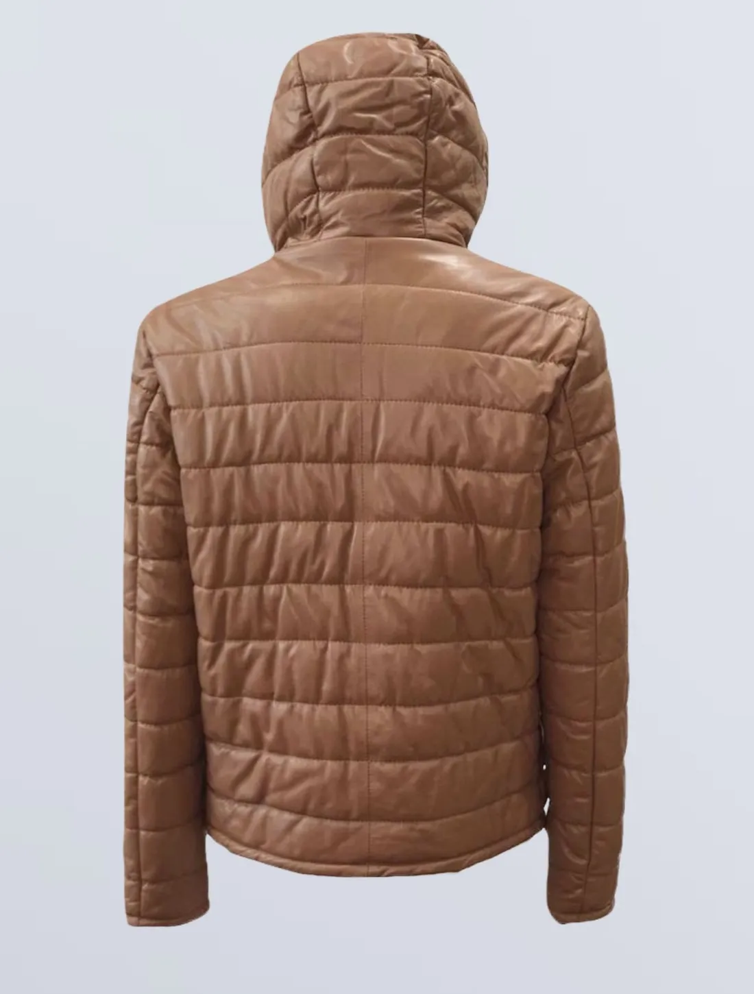 leather men's beige down jacket with hood