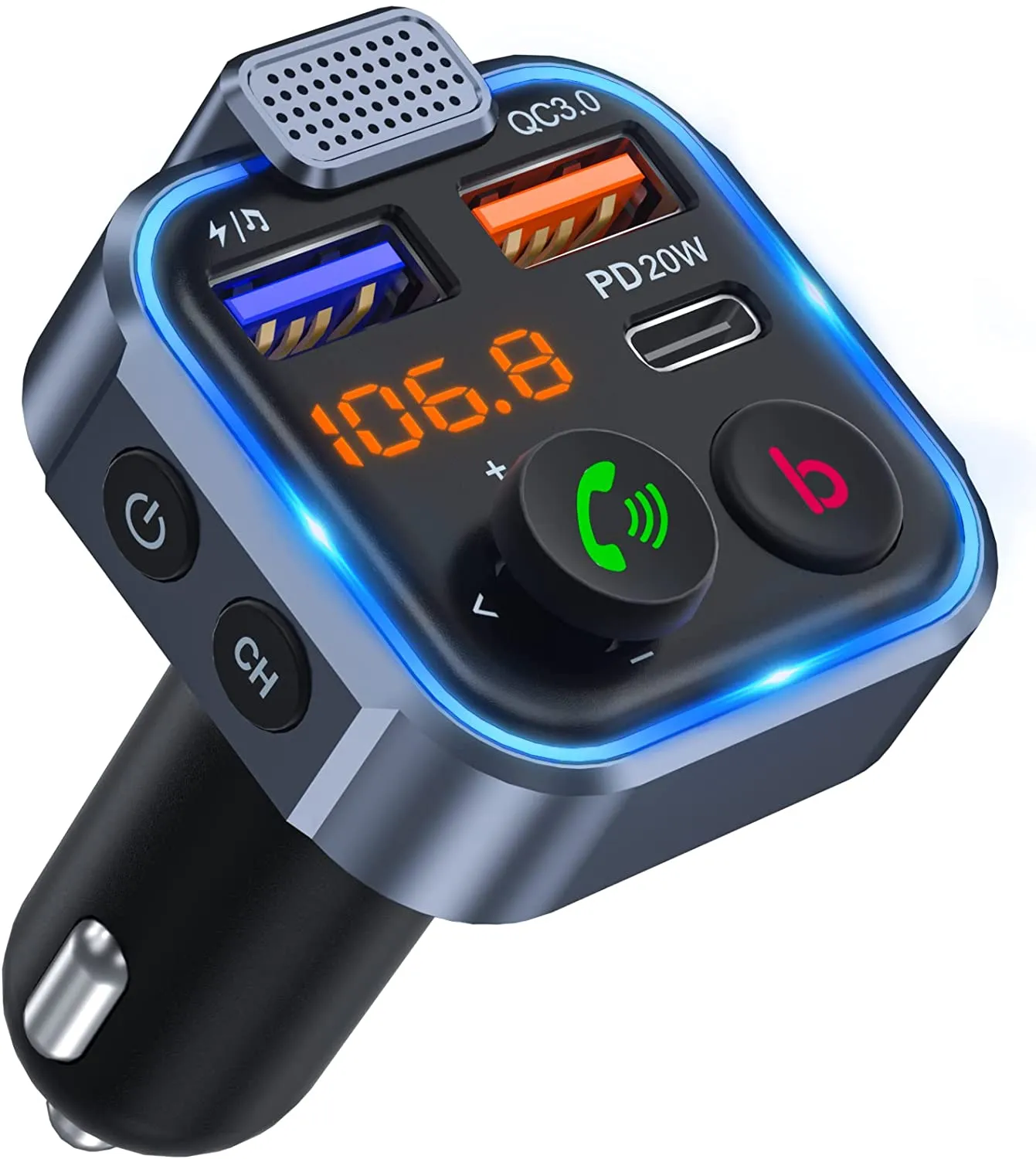 LENCENT Bluetooth 5.0 Car Transmitter, Auto Music Bluetooth with Deep Bass and Hi-Fi Lossless Sound, Fast Charging T