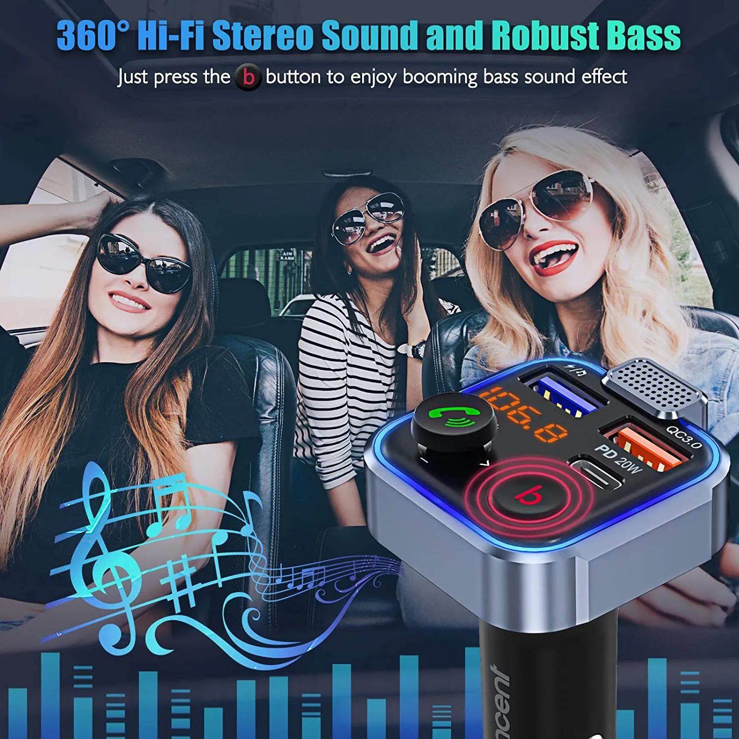 LENCENT Bluetooth 5.0 Car Transmitter, Auto Music Bluetooth with Deep Bass and Hi-Fi Lossless Sound, Fast Charging T