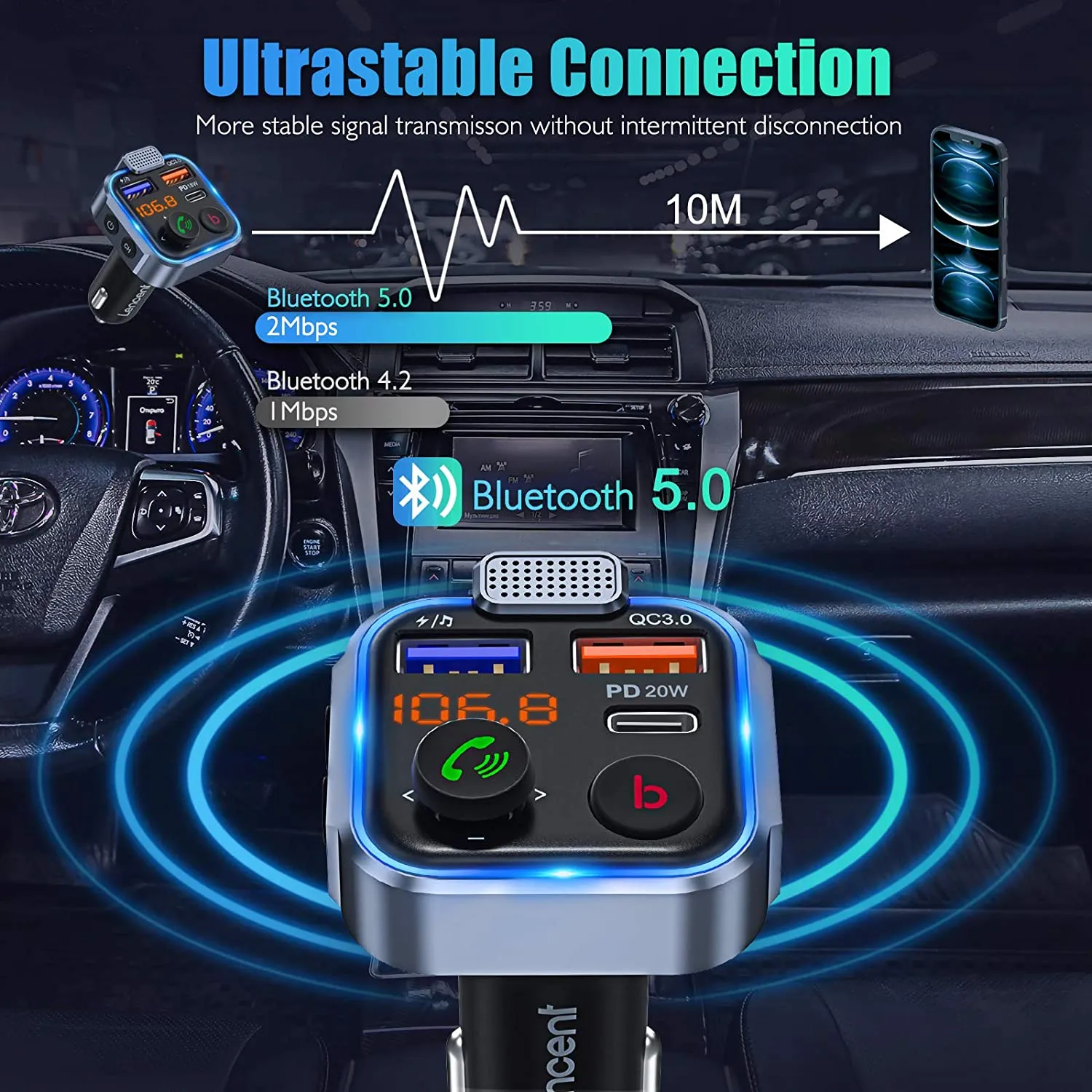 LENCENT Bluetooth 5.0 Car Transmitter, Auto Music Bluetooth with Deep Bass and Hi-Fi Lossless Sound, Fast Charging T