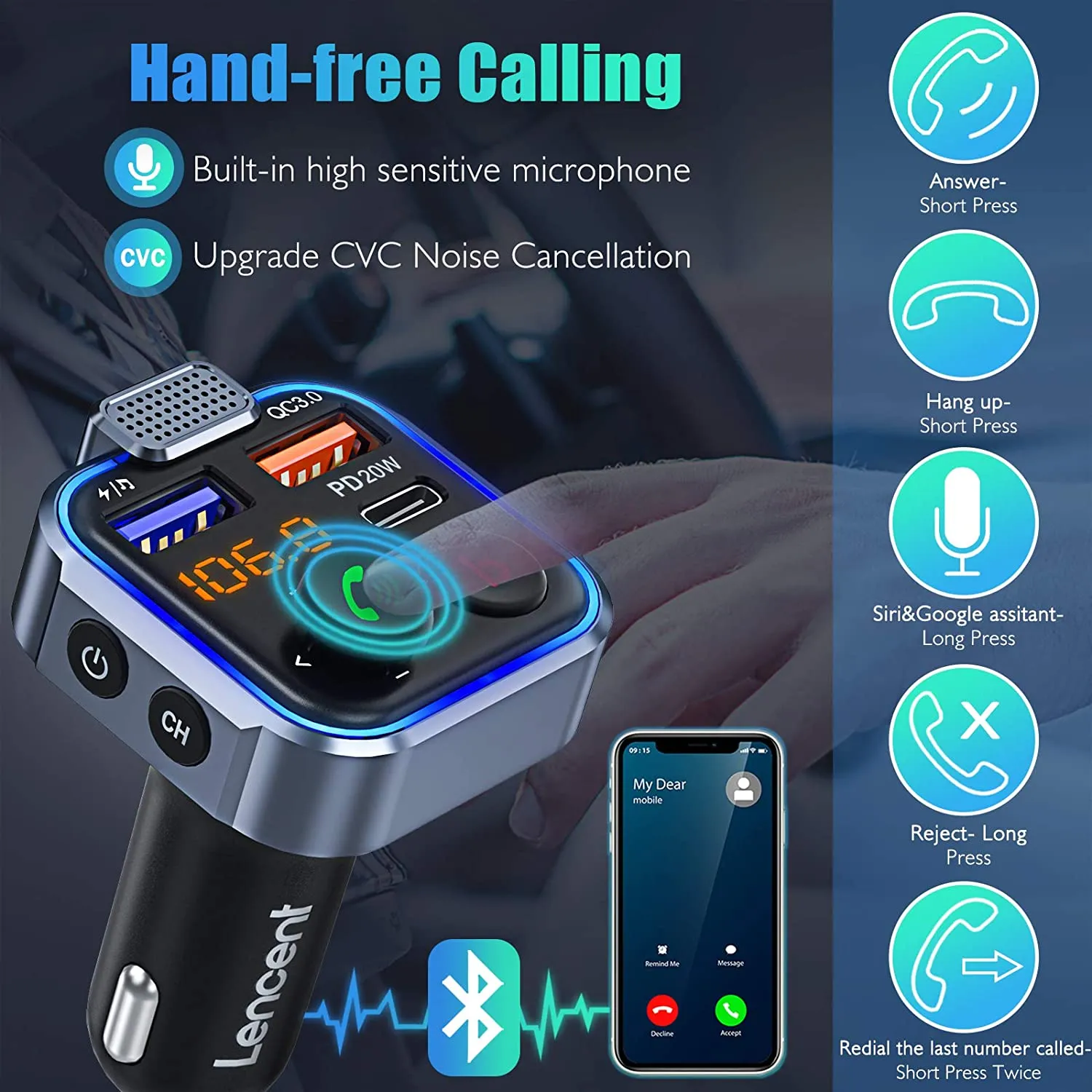 LENCENT Bluetooth 5.0 Car Transmitter, Auto Music Bluetooth with Deep Bass and Hi-Fi Lossless Sound, Fast Charging T