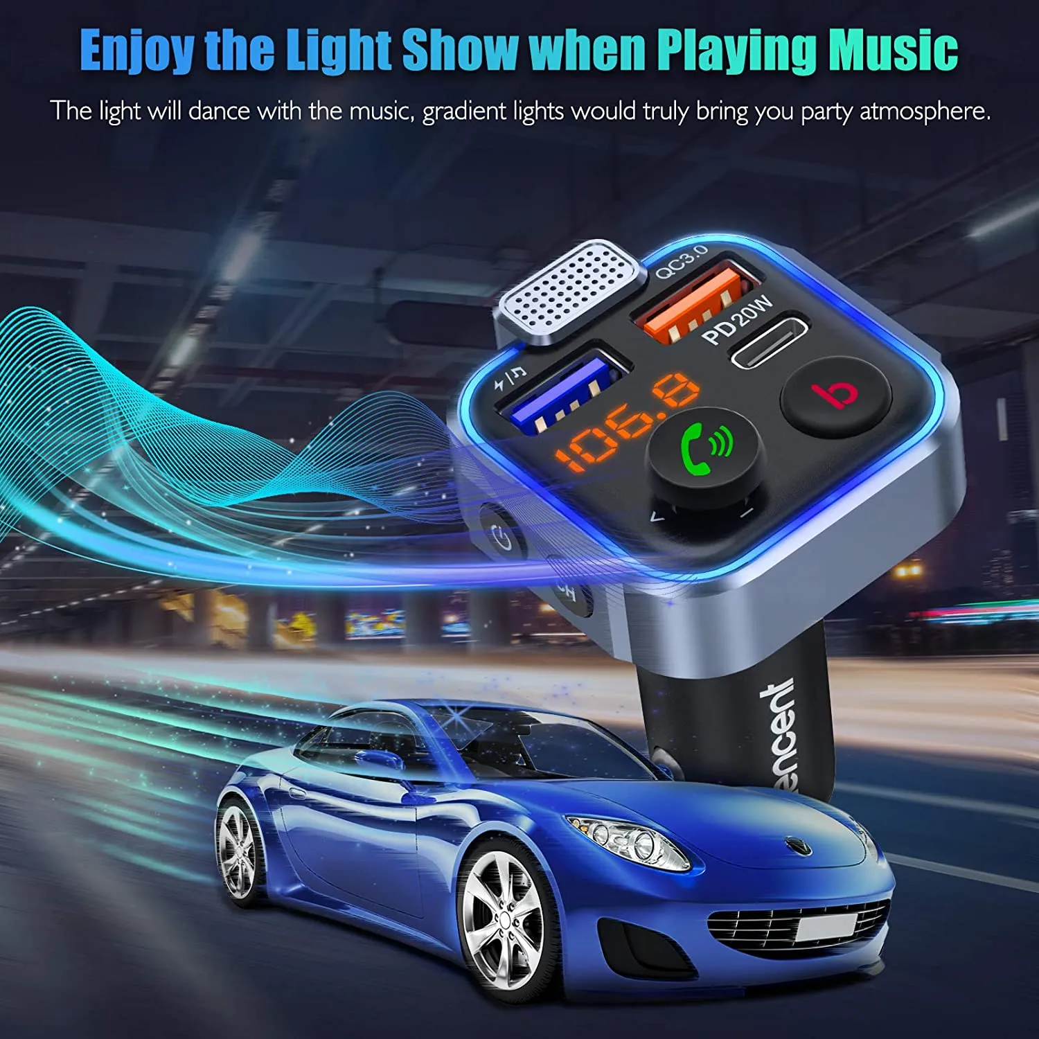 LENCENT Bluetooth 5.0 Car Transmitter, Auto Music Bluetooth with Deep Bass and Hi-Fi Lossless Sound, Fast Charging T