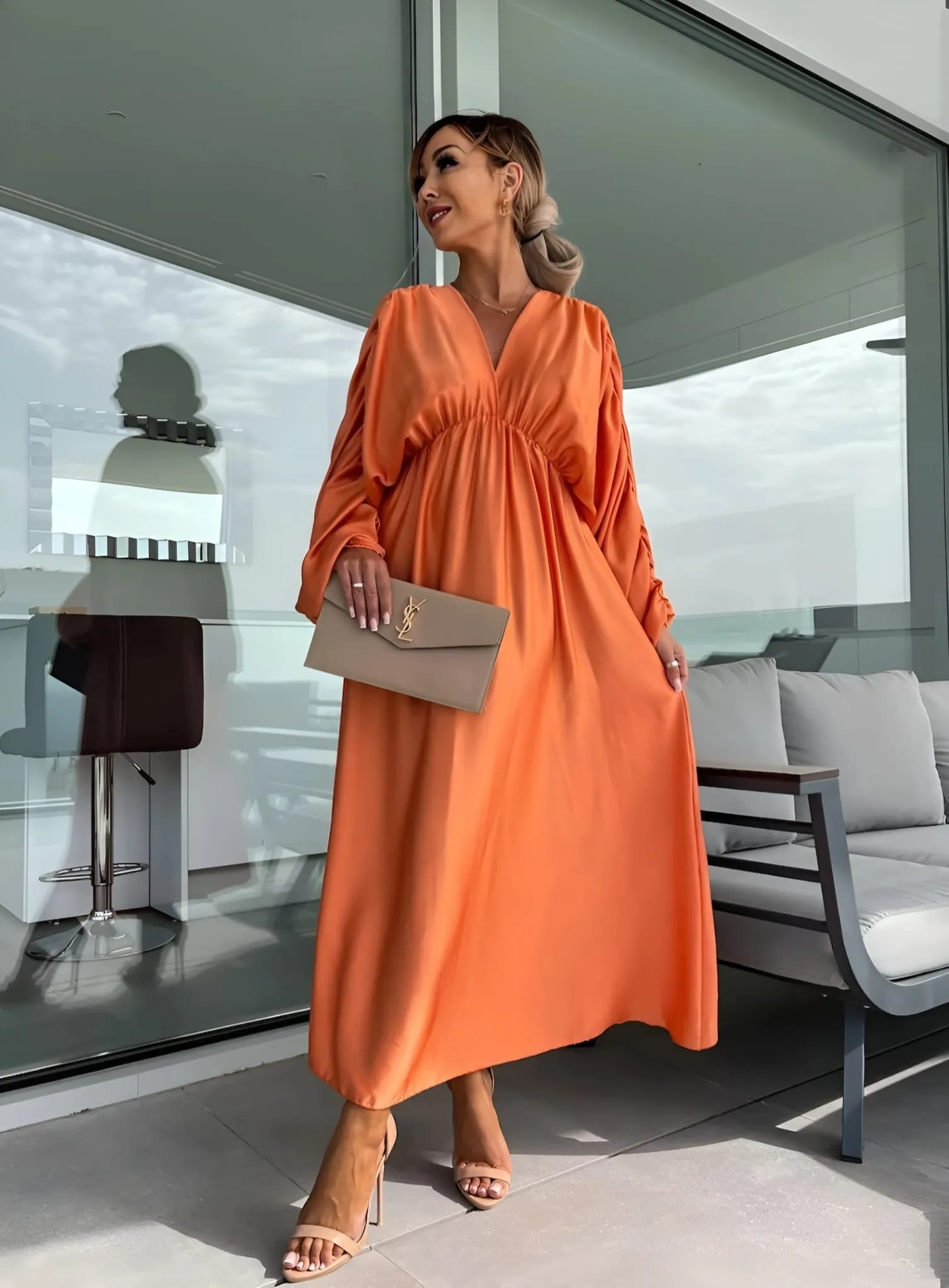 Long Woman Dress with V-neck, Puff Sleeve, Soft, Elastic, Comfortable