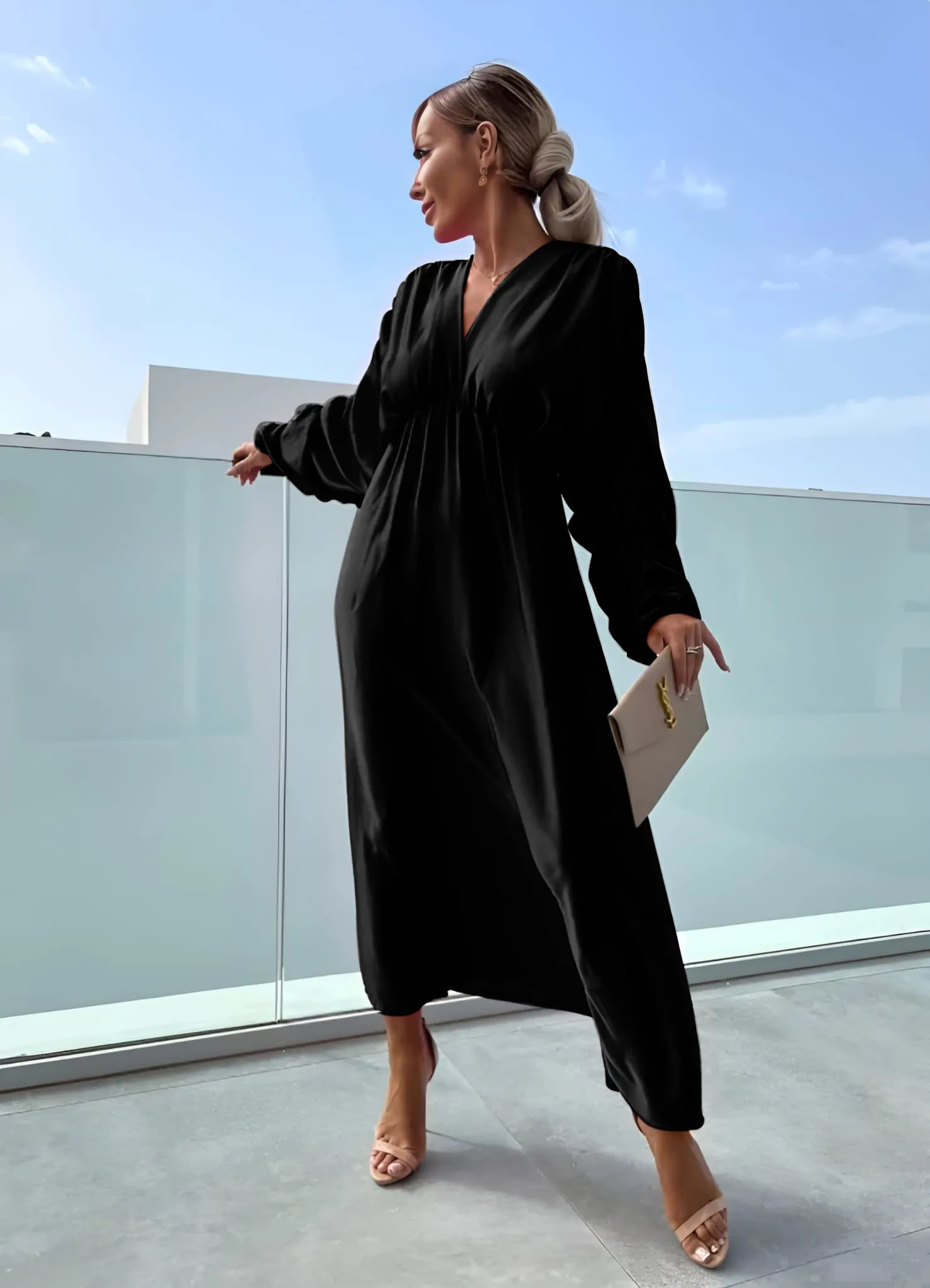Long Woman Dress with V-neck, Puff Sleeve, Soft, Elastic, Comfortable