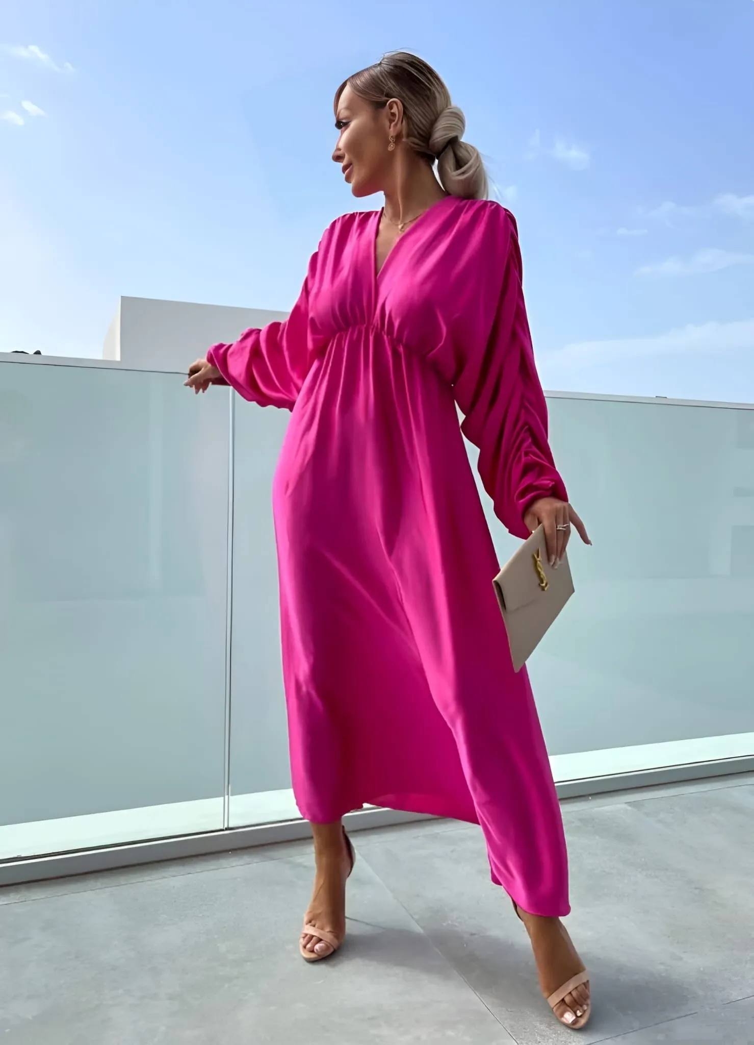 Long Woman Dress with V-neck, Puff Sleeve, Soft, Elastic, Comfortable