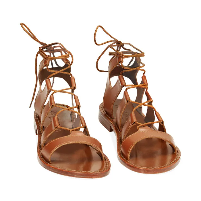 Low heel cognac leather sandals.