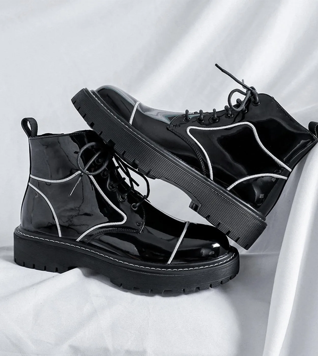 Men's Black Glossy Leather Glitter Motorcycle Boots