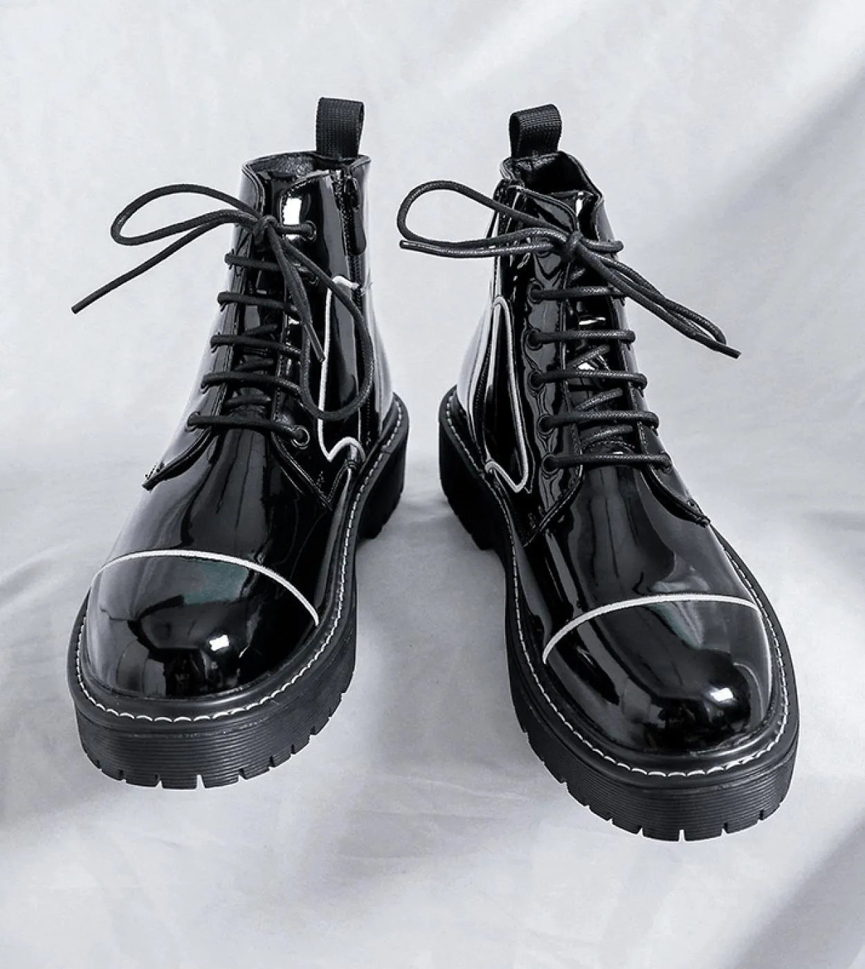 Men's Black Glossy Leather Glitter Motorcycle Boots