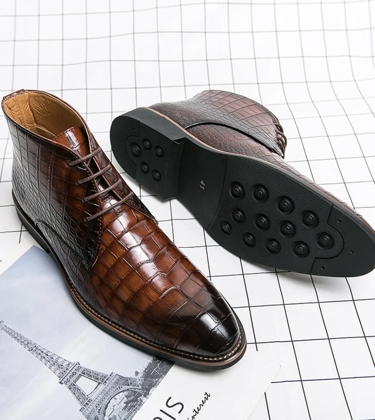Men's brown ankle boots Men's lace-up round toe ankle boots with black crocodile pattern Free shipping Gaoshes
