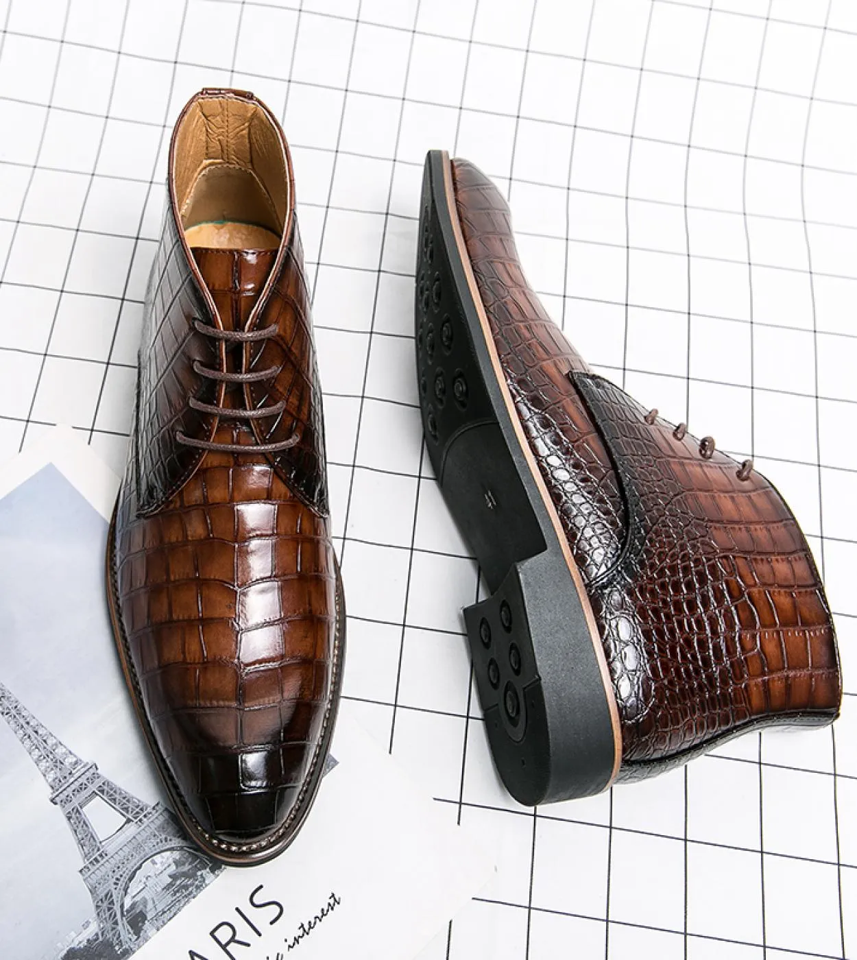 Men's brown ankle boots Men's lace-up round toe ankle boots with black crocodile pattern Free shipping Gaoshes