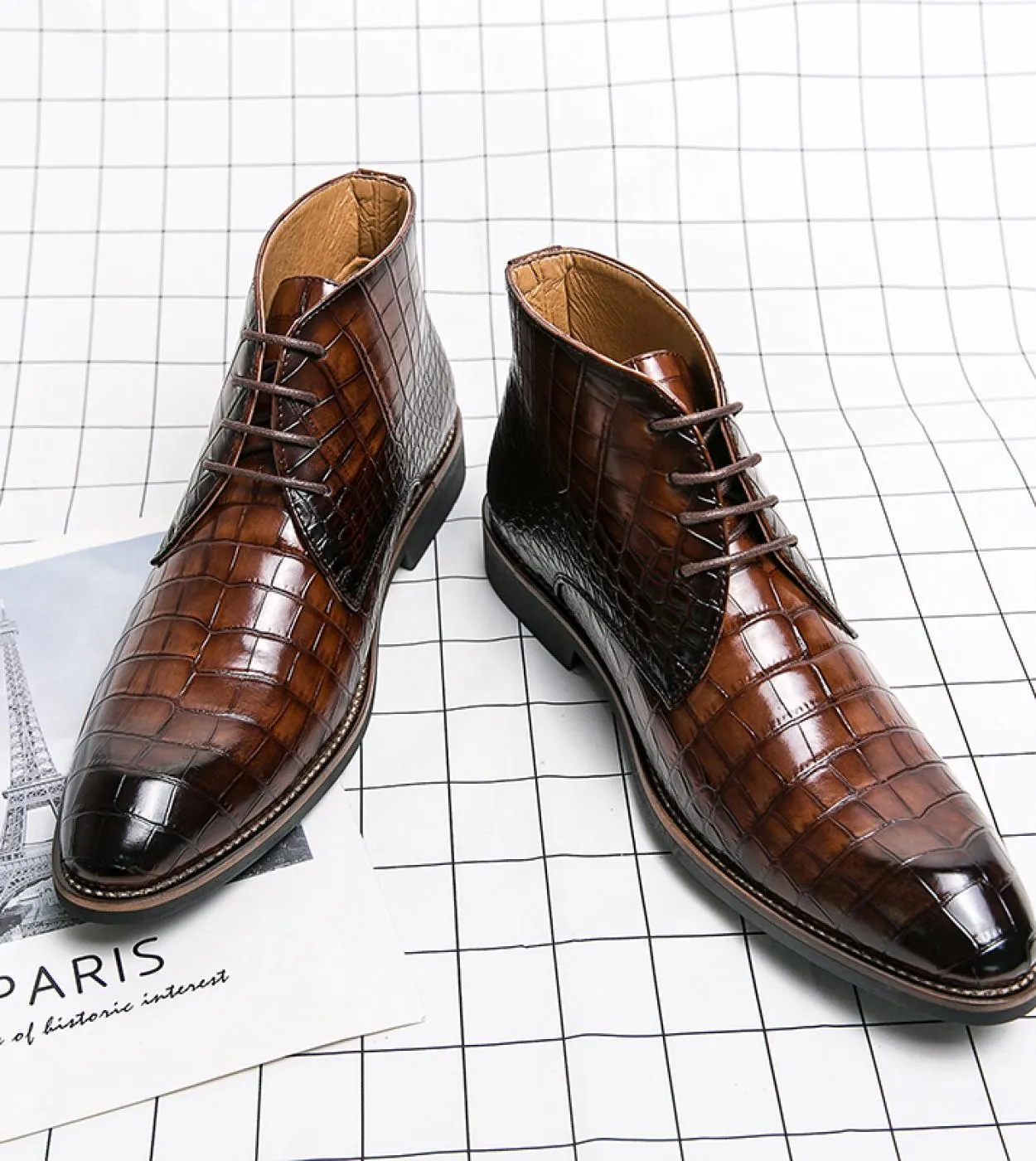 Men's brown ankle boots Men's lace-up round toe ankle boots with black crocodile pattern Free shipping Gaoshes