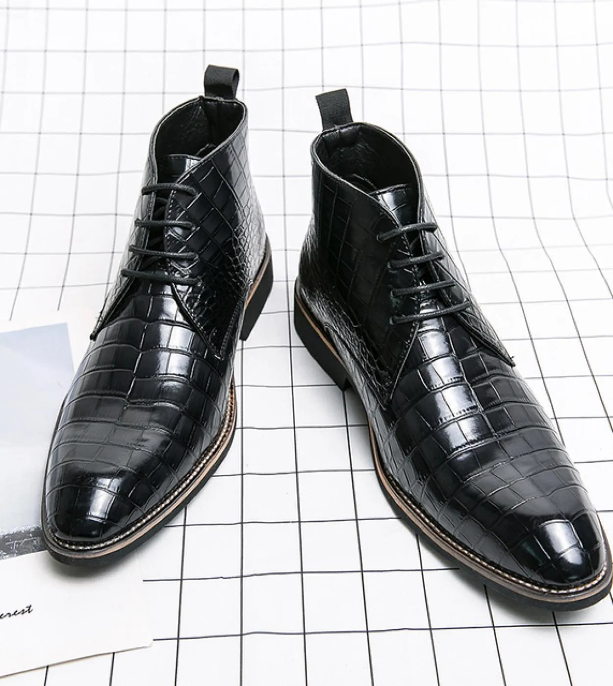 Men's brown ankle boots Men's lace-up round toe ankle boots with black crocodile pattern Free shipping Gaoshes