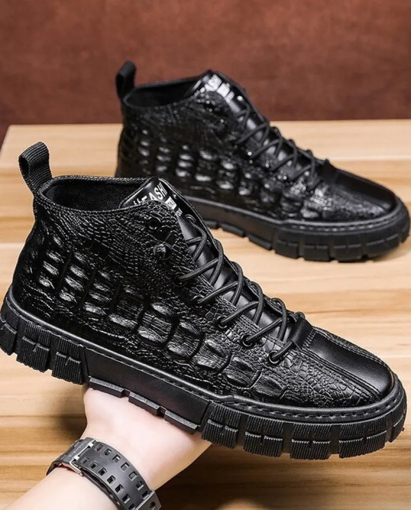 Men's casual ankle boots High crocodile embossed leather ankle boots Outdoor sneakers Comfortable and waterproof shoes Tagl