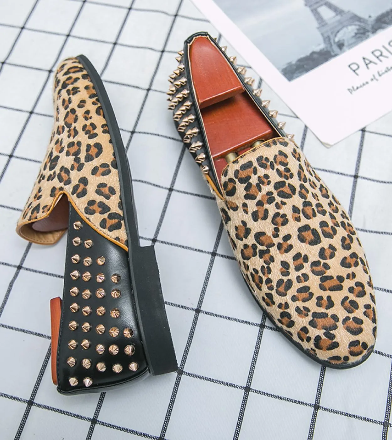 Men's leopard printed slip-on designer rivet shoes, punk style, fashionable handmade club moccasins.