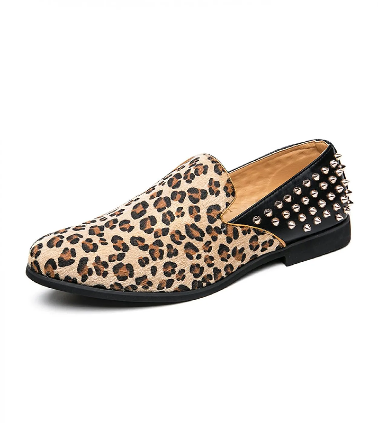 Men's leopard printed slip-on designer rivet shoes, punk style, fashionable handmade club moccasins.