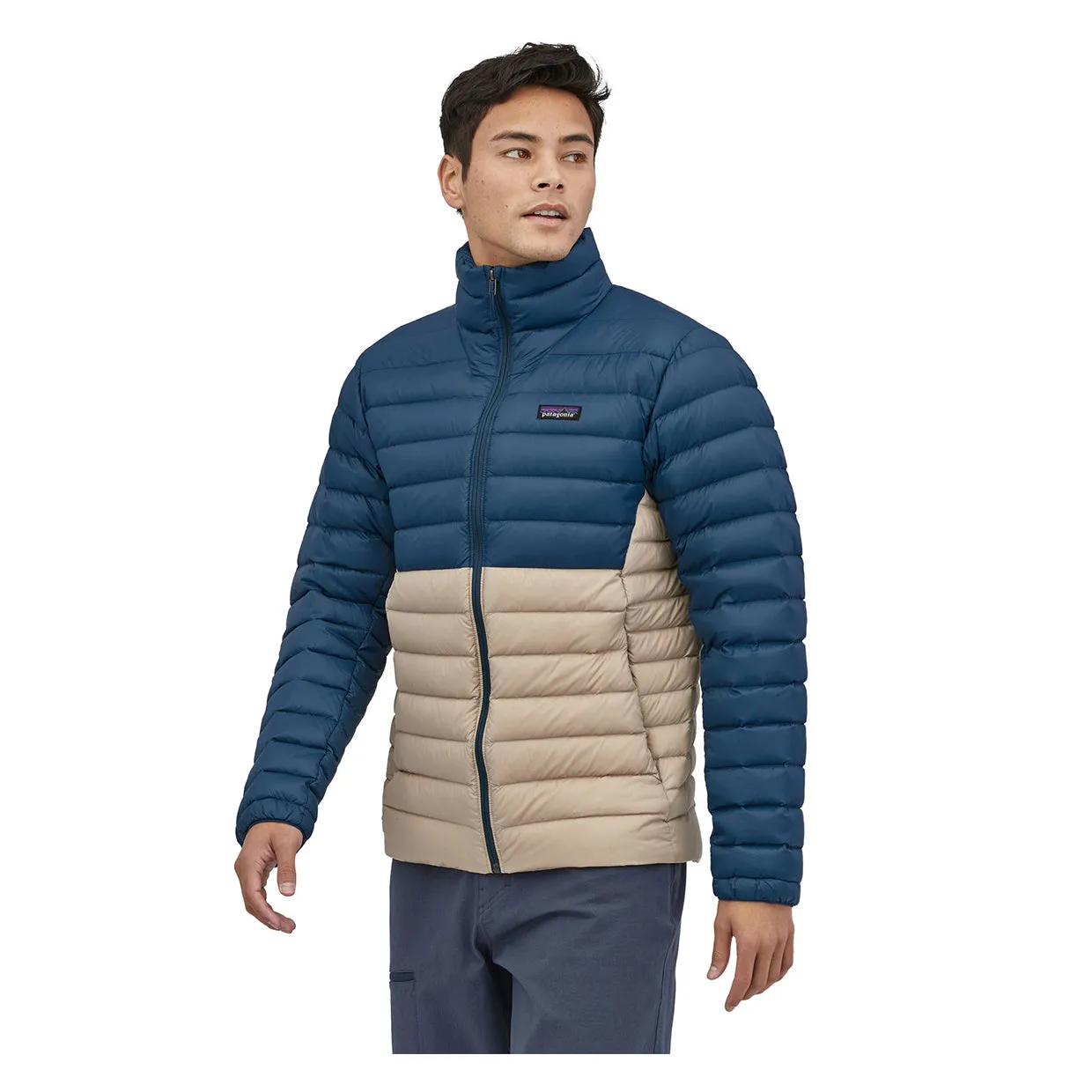 Men's Patagonia Down Sweater in Blue/Sand.