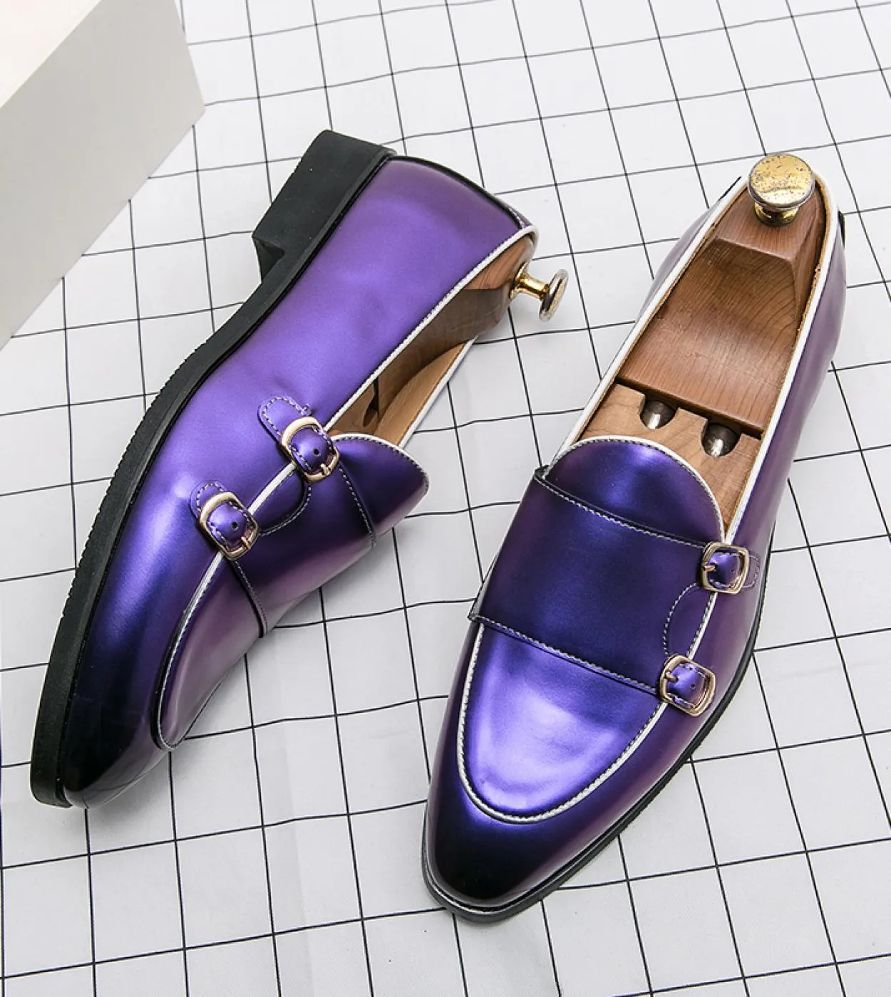 Men's PU Monk Strap Shoes - Bright Color, Pointed Toe, Double Buckle, Slip-On Style, Fashionable Business Casual, Dress Shoes