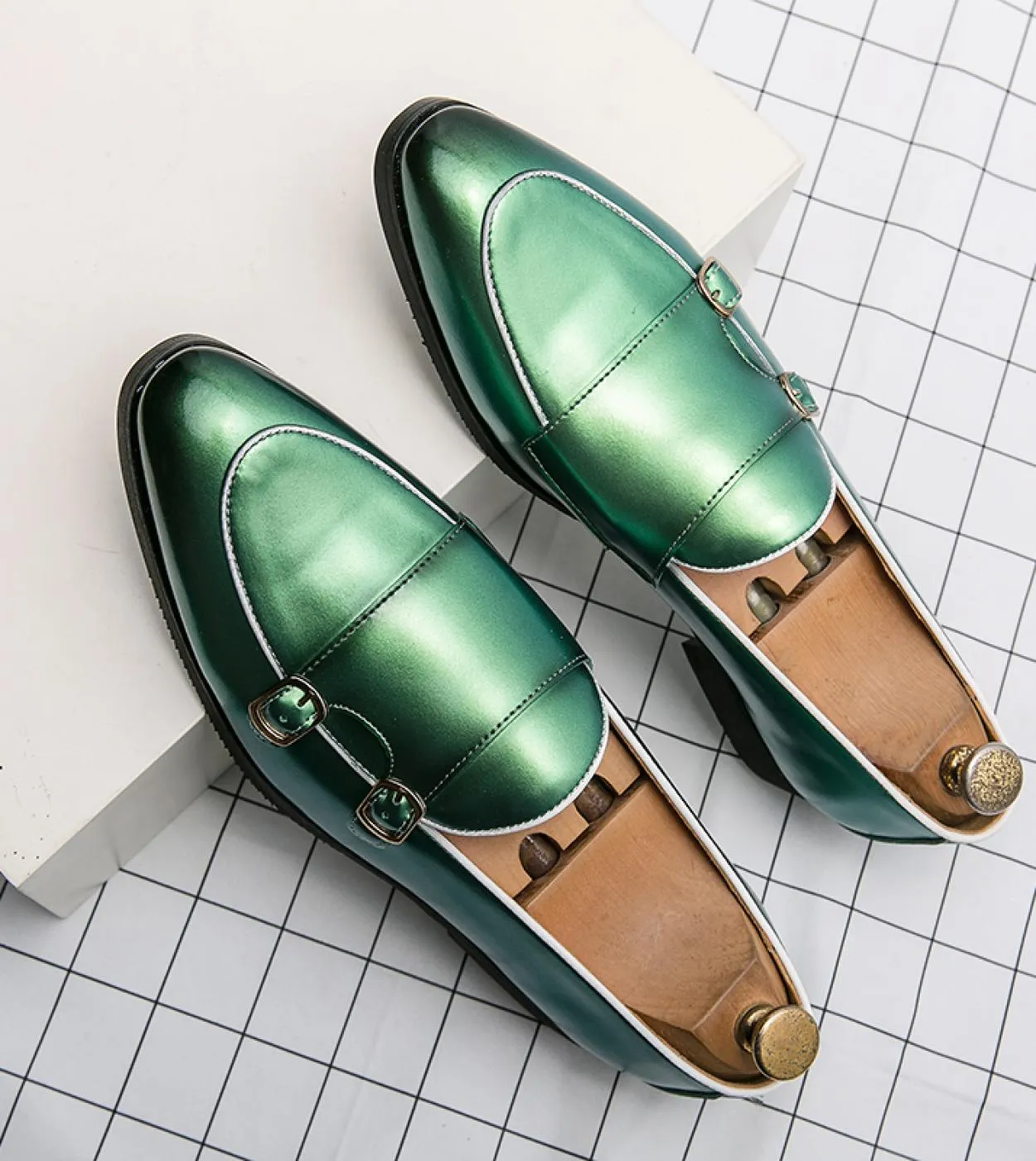 Men's PU Monk Strap Shoes - Bright Color, Pointed Toe, Double Buckle, Slip-On Style, Fashionable Business Casual, Dress Shoes