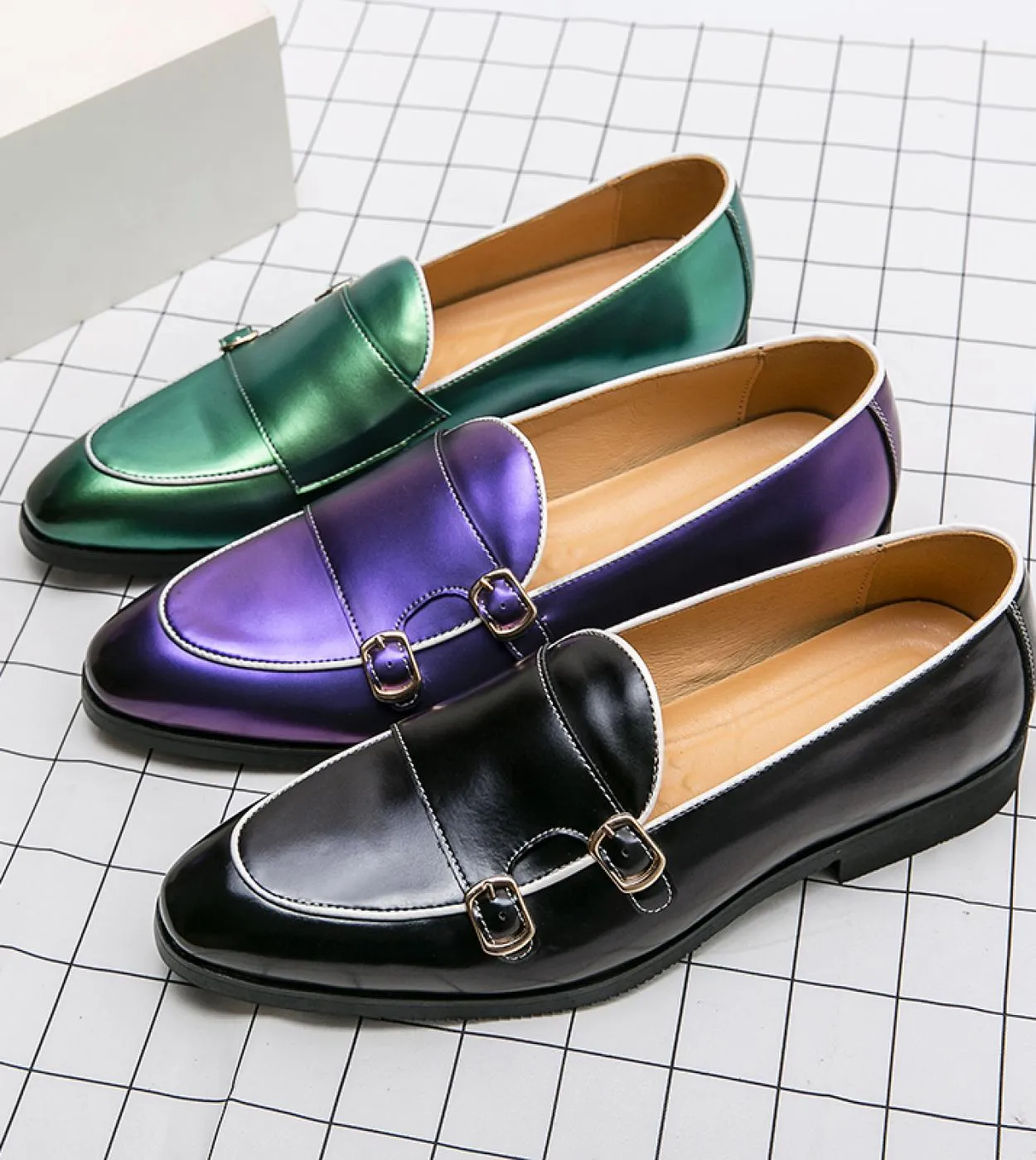 Men's PU Monk Strap Shoes - Bright Color, Pointed Toe, Double Buckle, Slip-On Style, Fashionable Business Casual, Dress Shoes