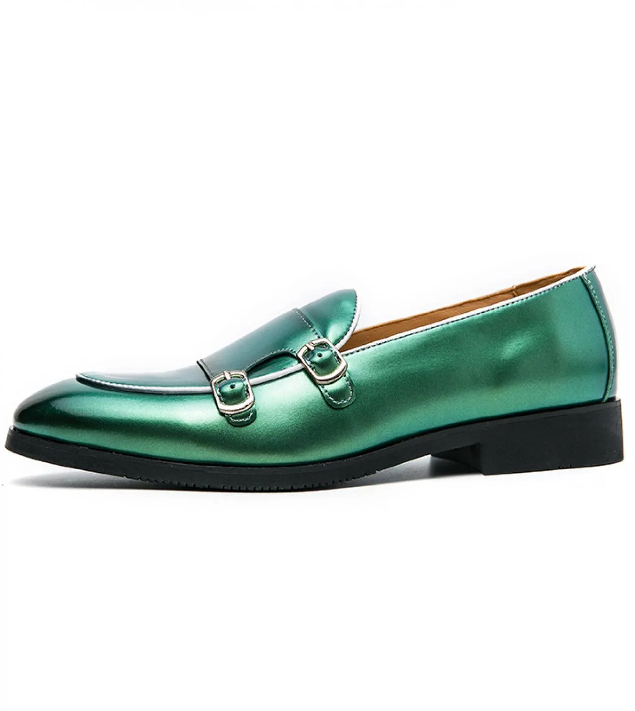Men's PU Monk Strap Shoes - Bright Color, Pointed Toe, Double Buckle, Slip-On Style, Fashionable Business Casual, Dress Shoes