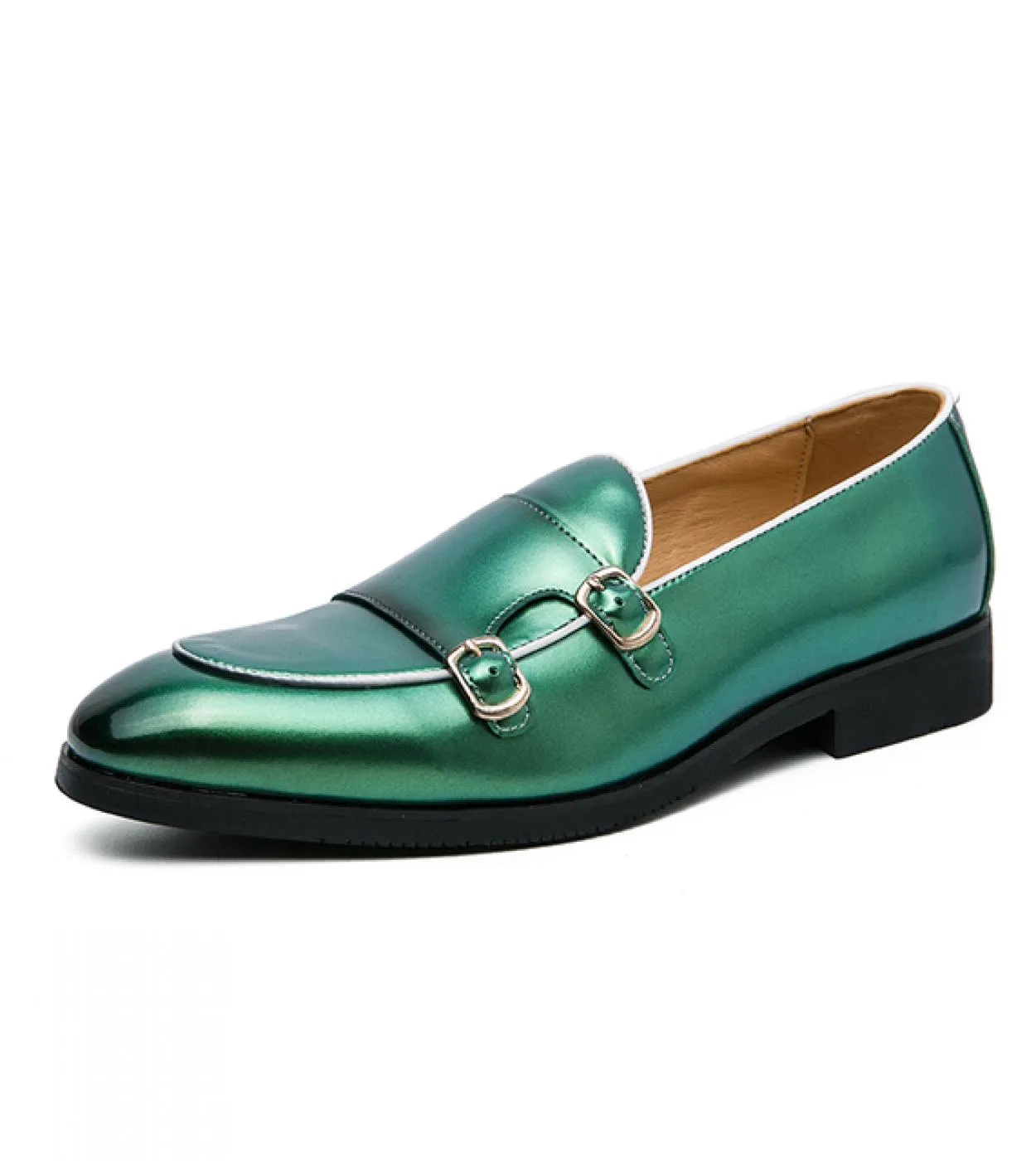 Men's PU Monk Strap Shoes - Bright Color, Pointed Toe, Double Buckle, Slip-On Style, Fashionable Business Casual, Dress Shoes