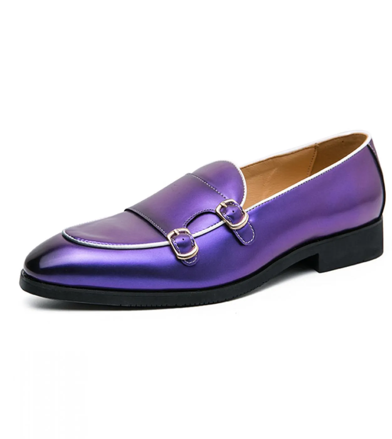 Men's PU Monk Strap Shoes - Bright Color, Pointed Toe, Double Buckle, Slip-On Style, Fashionable Business Casual, Dress Shoes