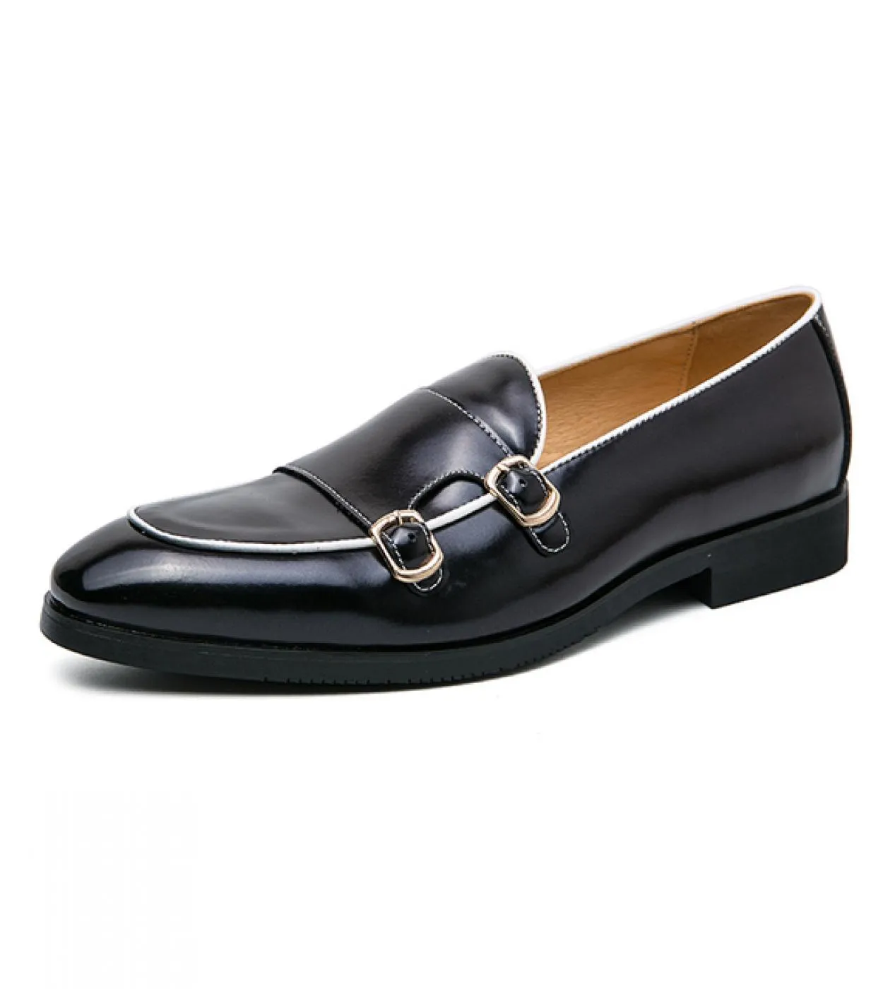 Men's PU Monk Strap Shoes - Bright Color, Pointed Toe, Double Buckle, Slip-On Style, Fashionable Business Casual, Dress Shoes