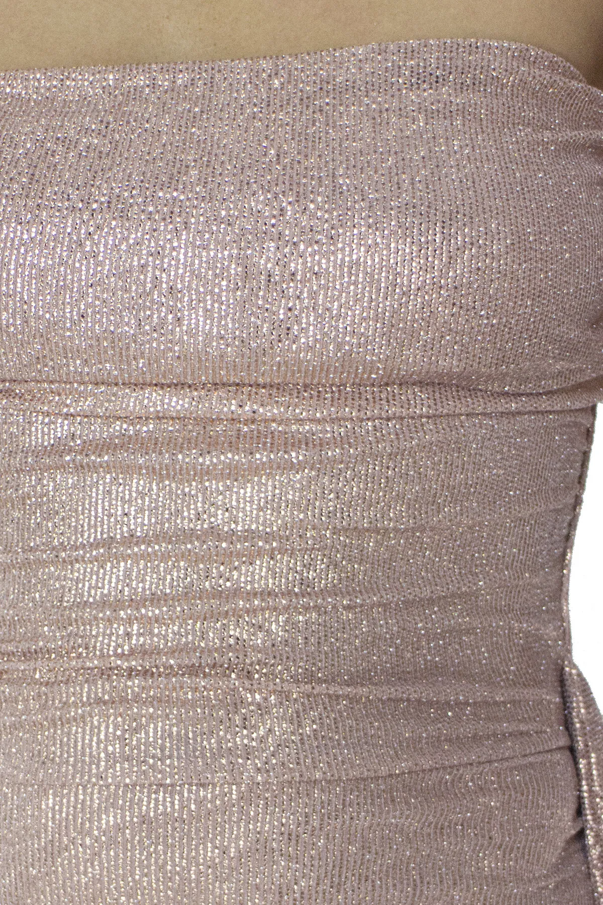 Metallic elastic strapless mini dress with side draping for women.