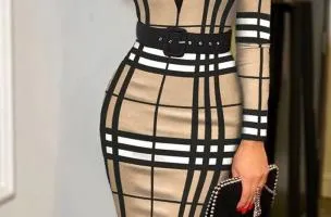Midi dress with check print and V-neck in shady beige.